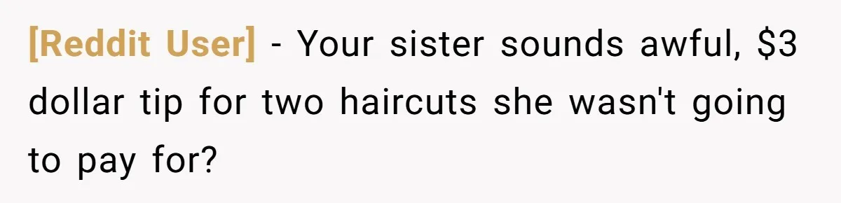[Reddit User] − Your sister sounds awful, $3 dollar tip for two haircuts she wasn't going to pay for?