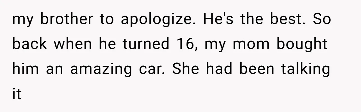 my brother to apologize. He's the best. So back when he turned 16, my mom bought him an amazing car. She had been talking it