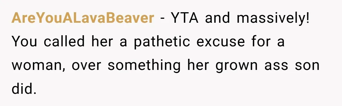 AreYouALavaBeaver − YTA and massively! You called her a pathetic excuse for a woman, over something her grown ass son did.
