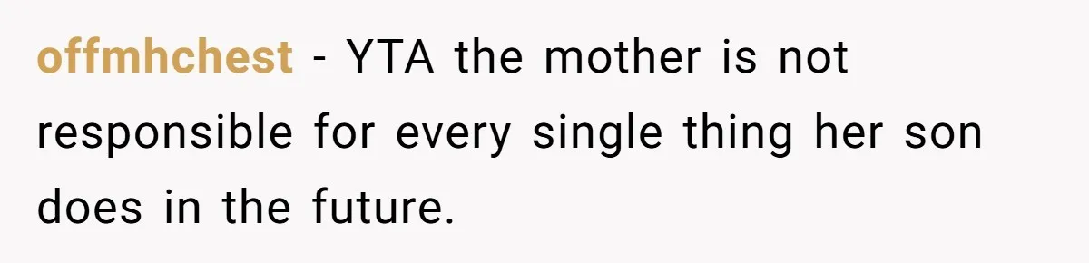 offmhchest − YTA the mother is not responsible for every single thing her son does in the future.