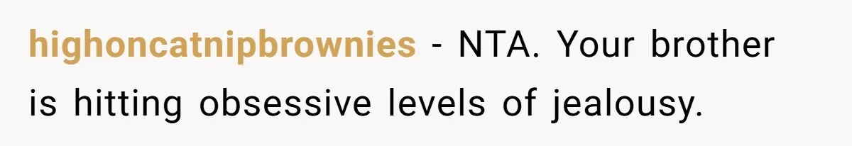 highoncatnipbrownies − NTA. Your brother is hitting obsessive levels of jealousy.