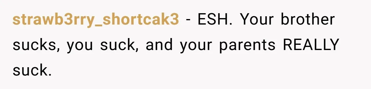 strawb3rry_shortcak3 − ESH. Your brother sucks, you suck, and your parents REALLY suck.