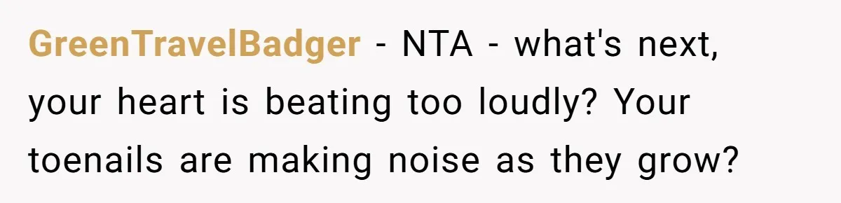 GreenTravelBadger − NTA - what's next, your heart is beating too loudly? Your toenails are making noise as they grow?