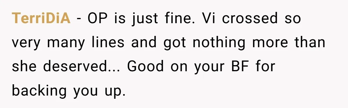 TerriDiA − OP is just fine. Vi crossed so very many lines and got nothing more than she deserved... Good on your BF for backing you up.
