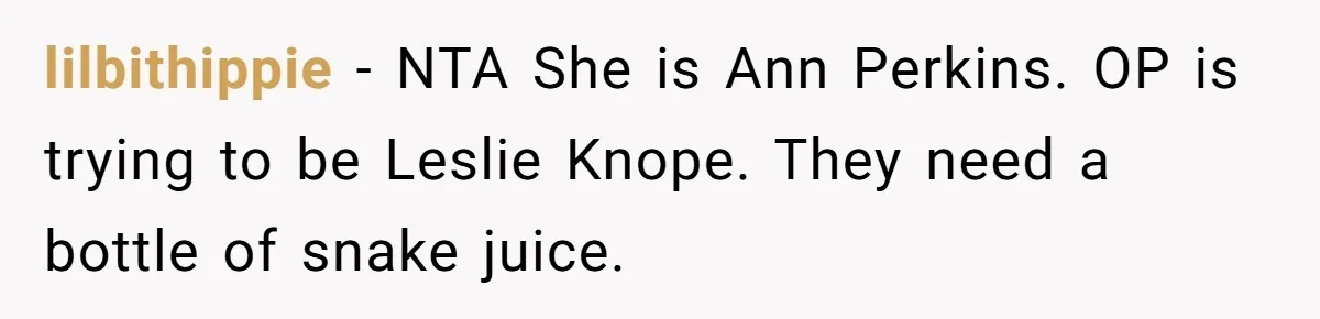 lilbithippie − NTA She is Ann Perkins. OP is trying to be Leslie Knope. They need a bottle of snake juice.