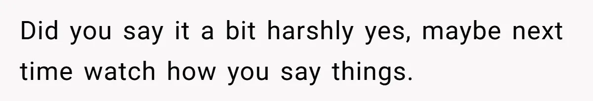 Did you say it a bit harshly yes, maybe next time watch how you say things.