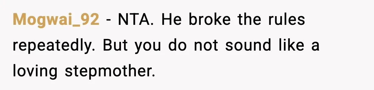 Mogwai_92 - NTA. He broke the rules repeatedly. But you do not sound like a loving stepmother.