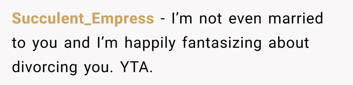 Succulent_Empress − I’m not even married to you and I’m happily fantasizing about divorcing you. YTA.