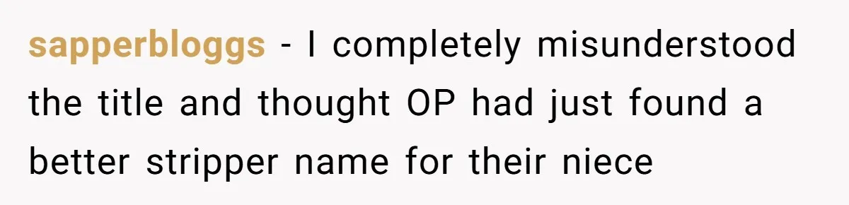 sapperbloggs − I completely misunderstood the title and thought OP had just found a better stripper name for their niece