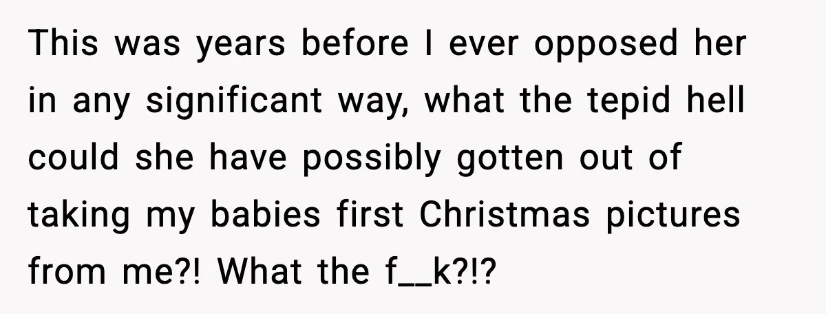 This was years before I ever opposed her in any significant way, what the tepid hell could she have possibly gotten out of taking my babies first Christmas pictures from...