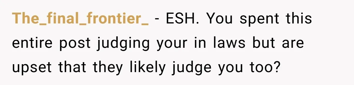 The_final_frontier_ − ESH. You spent this entire post judging your in laws but are upset that they likely judge you too?
