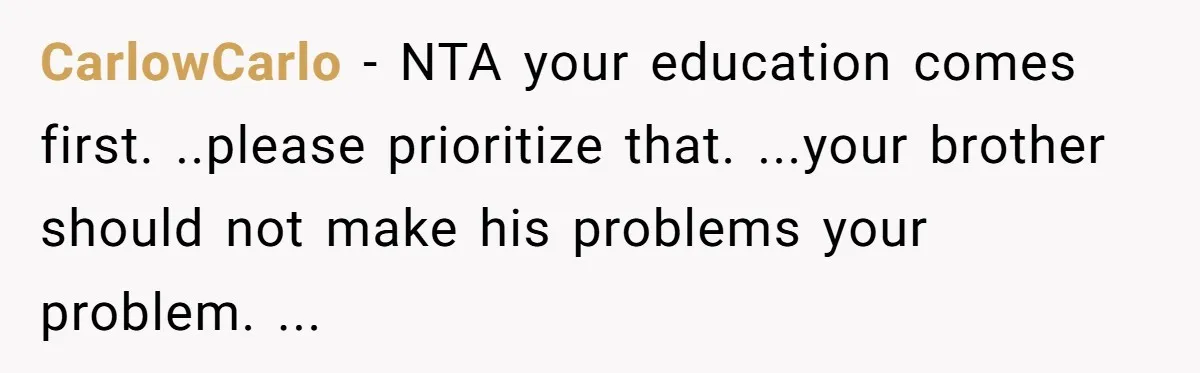 CarlowCarlo − NTA your education comes first. ..please prioritize that. ...your brother should not make his problems your problem. ...