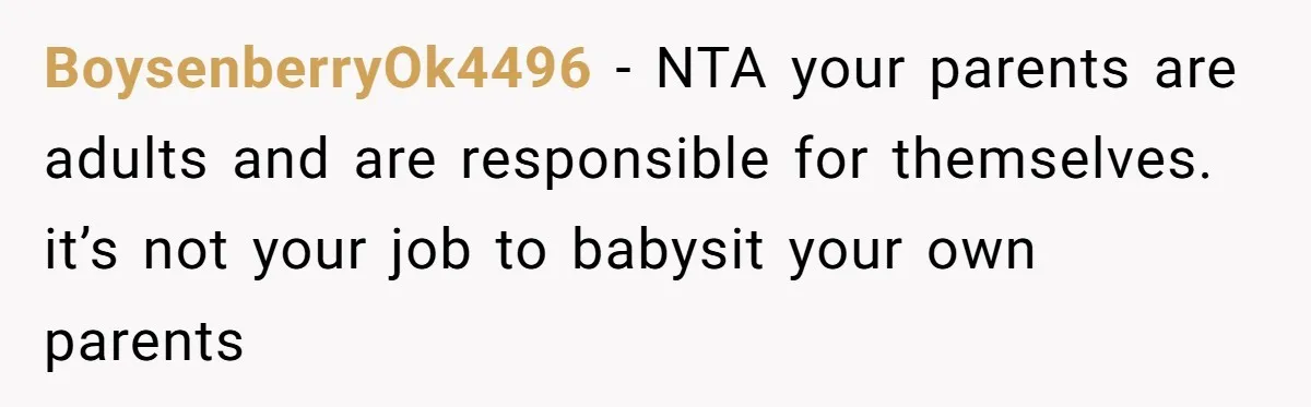 BoysenberryOk4496 − NTA your parents are adults and are responsible for themselves. it’s not your job to babysit your own parents