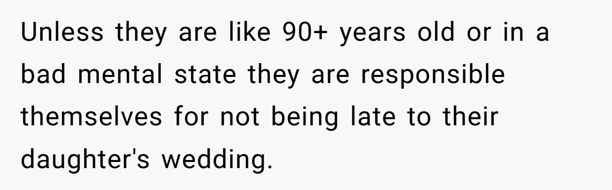 Unless they are like 90+ years old or in a bad mental state they are responsible themselves for not being late to their daughter's wedding.