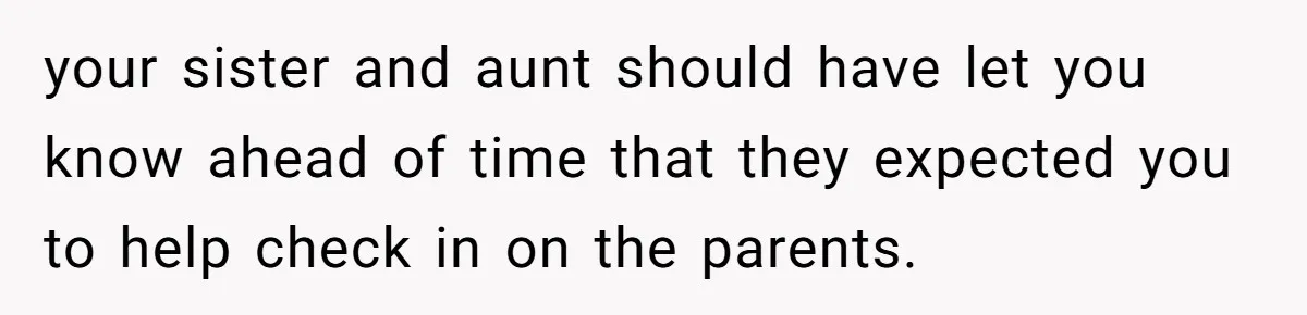 your sister and aunt should have let you know ahead of time that they expected you to help check in on the parents.