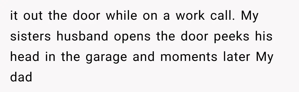 it out the door while on a work call. My sisters husband opens the door peeks his head in the garage and moments later My dad