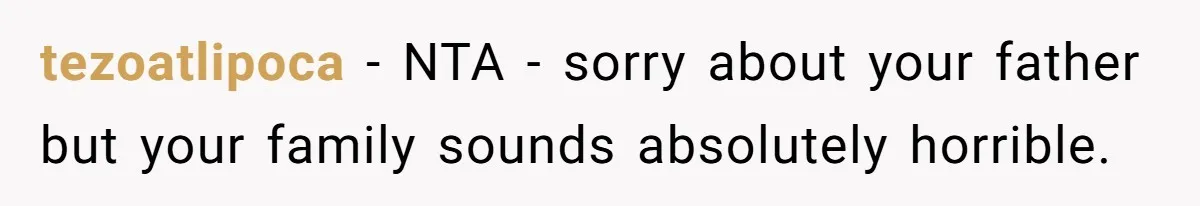 tezoatlipoca − NTA - sorry about your father but your family sounds absolutely horrible.