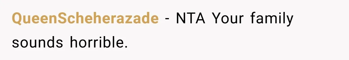 QueenScheherazade − NTA Your family sounds horrible.