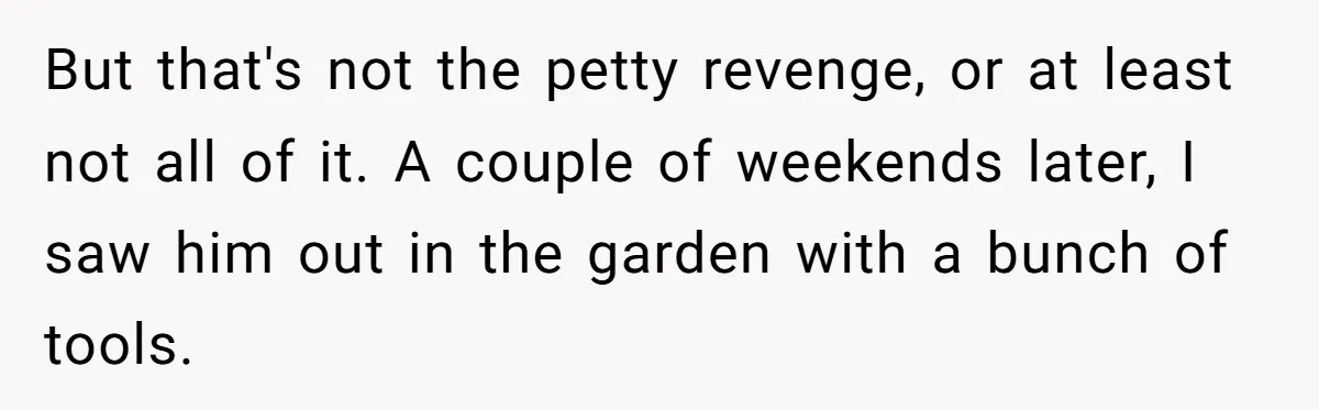 But that's not the petty revenge, or at least not all of it. A couple of weekends later, I saw him out in the garden with a bunch of tools.