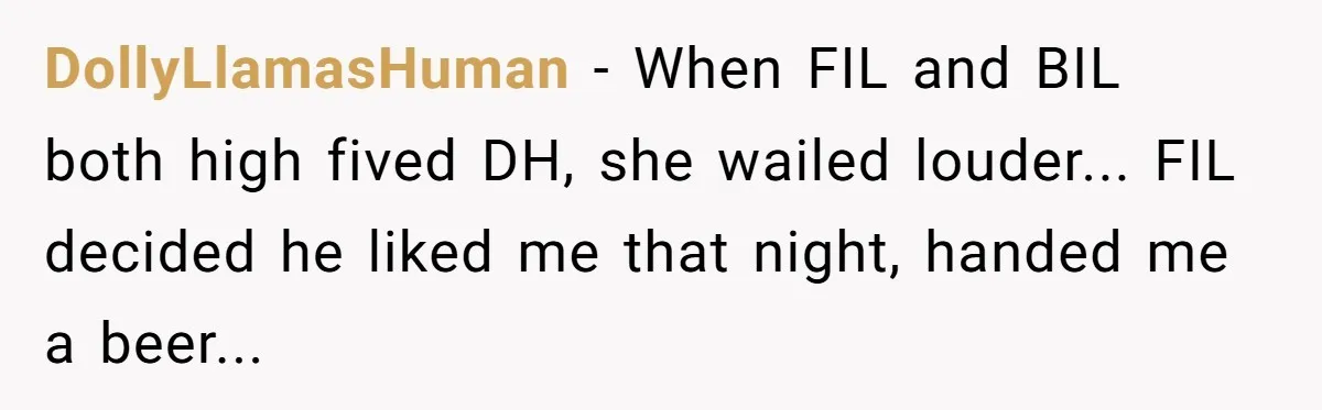 DollyLlamasHuman − When FIL and BIL both high fived DH, she wailed louder... FIL decided he liked me that night, handed me a beer...