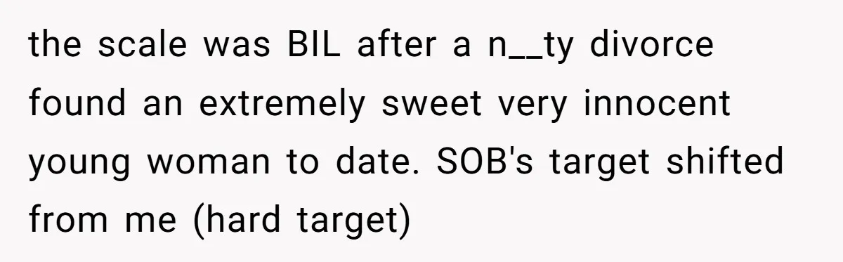 the scale was BIL after a n__ty divorce found an extremely sweet very innocent young woman to date. SOB's target shifted from me (hard target)