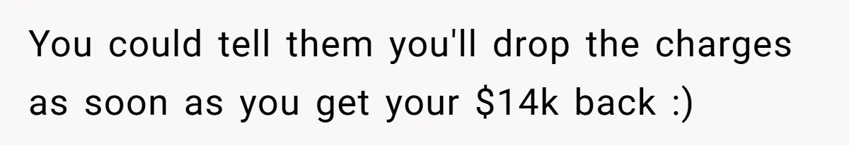 You could tell them you'll drop the charges as soon as you get your $14k back :)