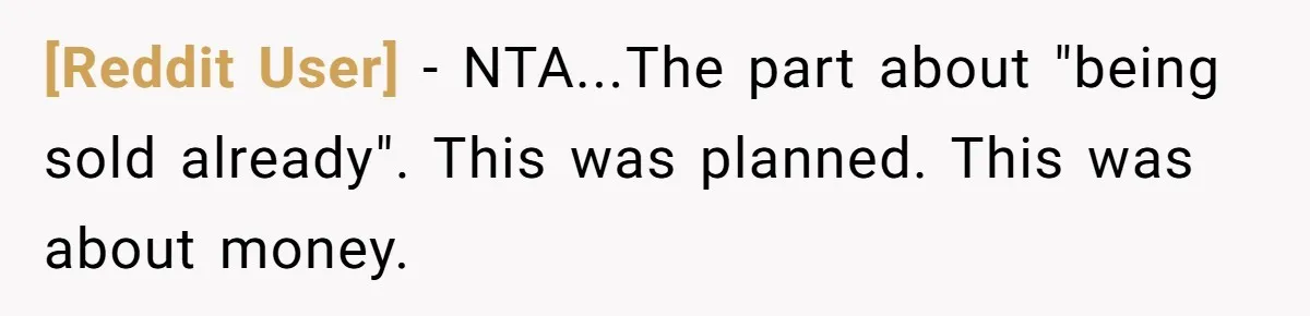 [Reddit User] − NTA...The part about "being sold already". This was planned. This was about money.