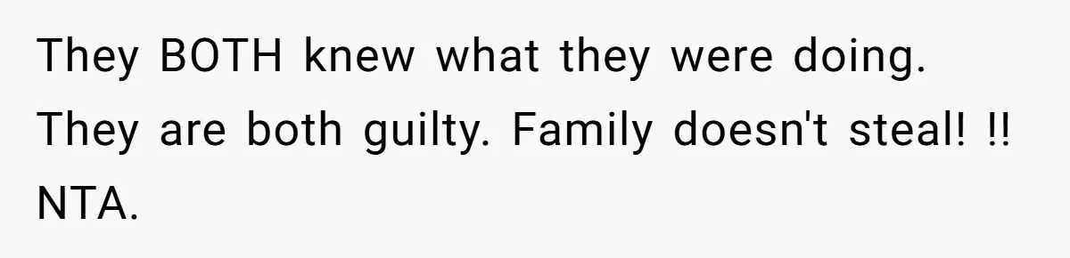 They BOTH knew what they were doing. They are both guilty. Family doesn't steal! !! NTA.
