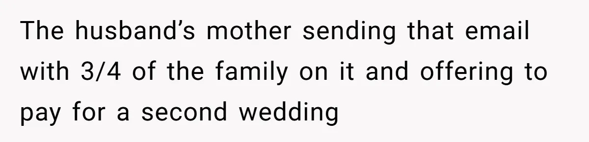 The husband’s mother sending that email with 3/4 of the family on it and offering to pay for a second wedding