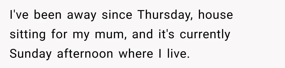 I've been away since Thursday, house sitting for my mum, and it's currently Sunday afternoon where I live.