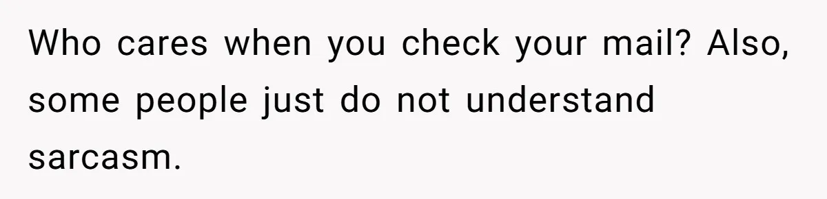 Who cares when you check your mail? Also, some people just do not understand sarcasm.