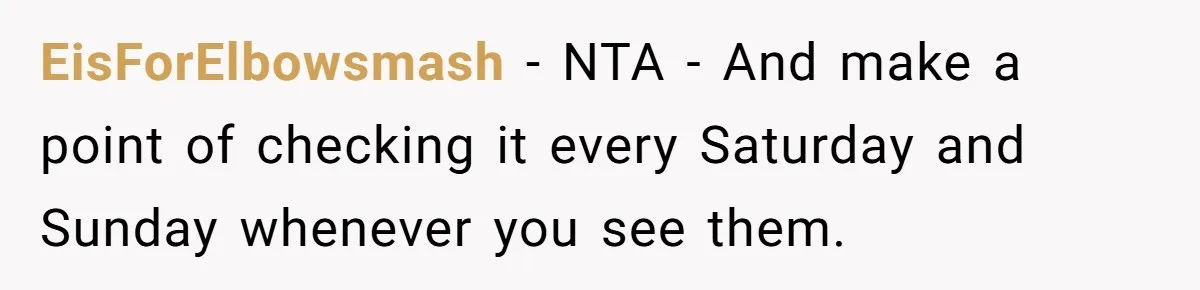 EisForElbowsmash − NTA - And make a point of checking it every Saturday and Sunday whenever you see them.