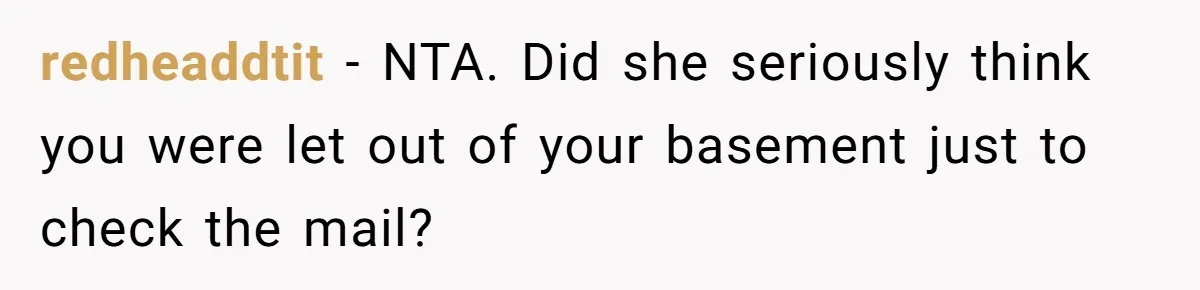 redheaddtit − NTA. Did she seriously think you were let out of your basement just to check the mail?