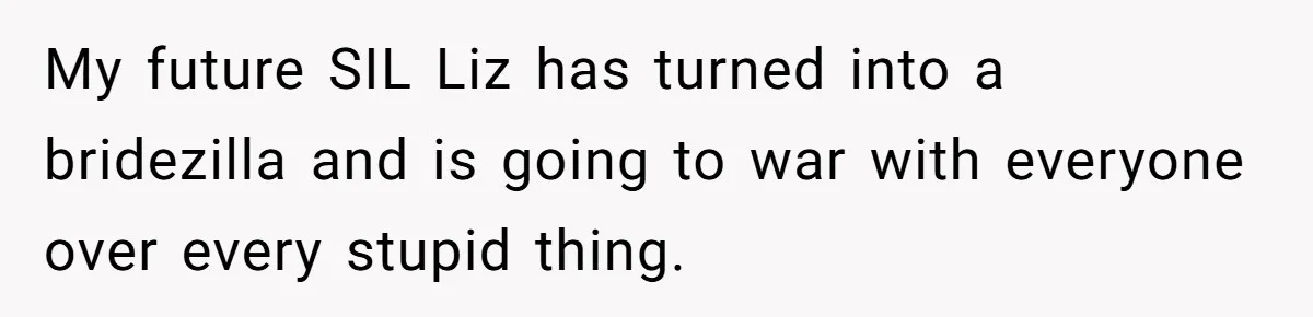 My future SIL Liz has turned into a bridezilla and is going to war with everyone over every stupid thing.
