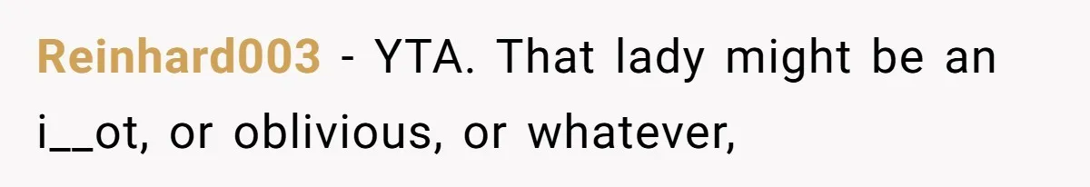 Reinhard003 − YTA. That lady might be an i__ot, or oblivious, or whatever,
