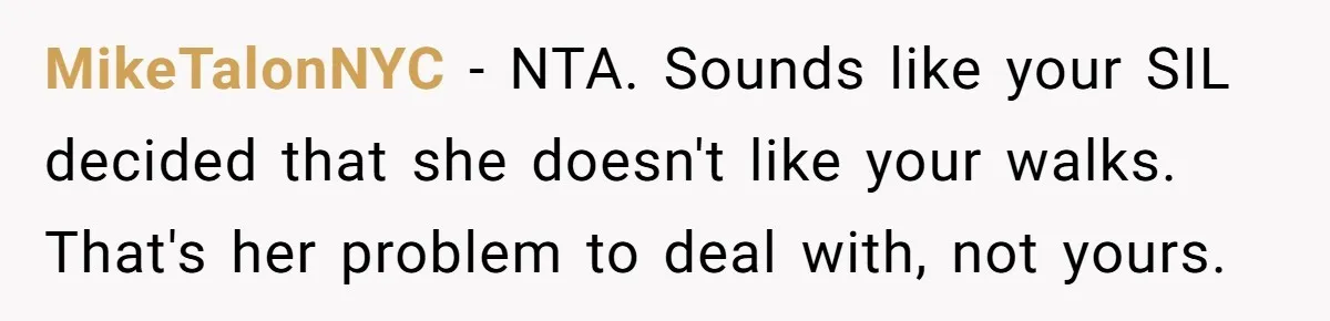 MikeTalonNYC − NTA. Sounds like your SIL decided that she doesn't like your walks. That's her problem to deal with, not yours.