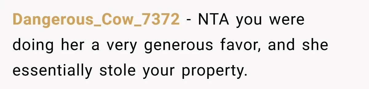 Dangerous_Cow_7372 − NTA you were doing her a very generous favor, and she essentially stole your property.