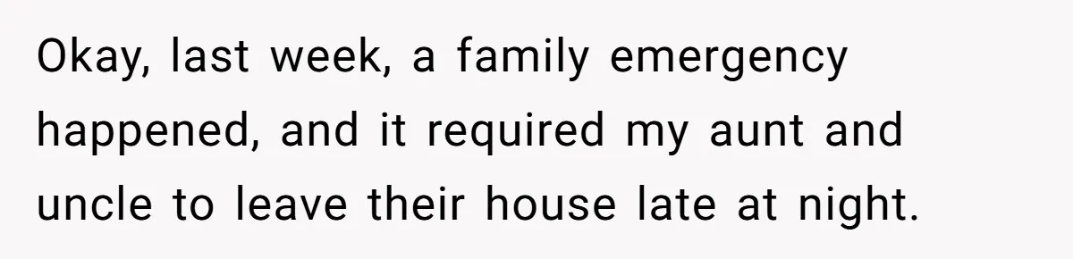 Okay, last week, a family emergency happened, and it required my aunt and uncle to leave their house late at night.
