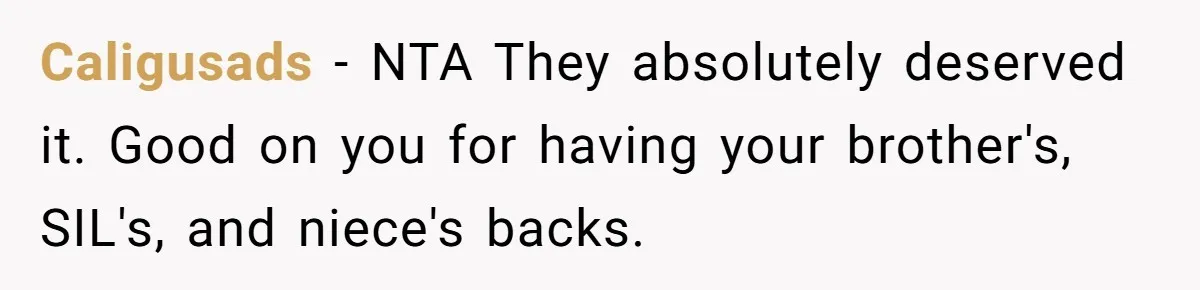 Caligusads − NTA They absolutely deserved it. Good on you for having your brother's, SIL's, and niece's backs.