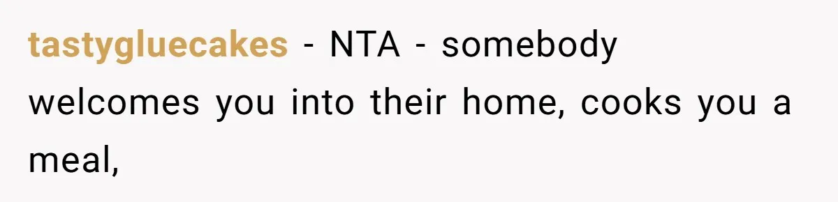 tastygluecakes − NTA - somebody welcomes you into their home, cooks you a meal,