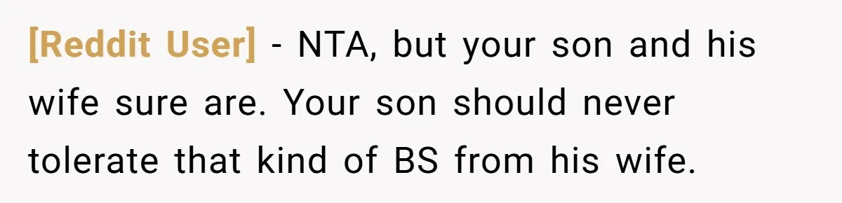 [Reddit User] − NTA, but your son and his wife sure are. Your son should never tolerate that kind of BS from his wife.