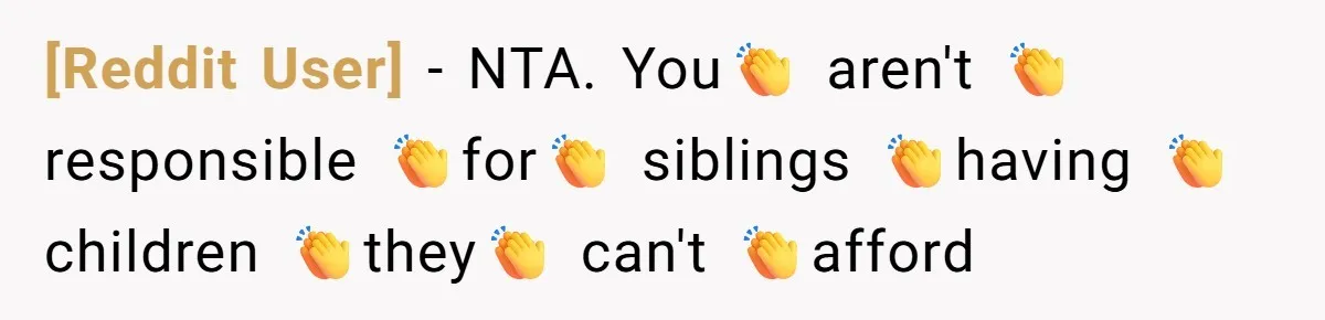 [Reddit User] − NTA. You👏 aren't 👏 responsible 👏for👏 siblings 👏having 👏 children 👏they👏 can't 👏afford