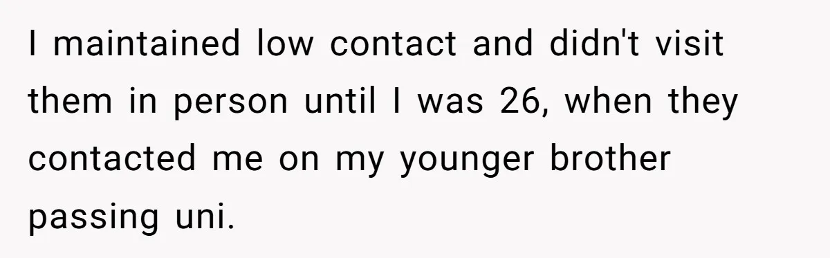 I maintained low contact and didn't visit them in person until I was 26, when they contacted me on my younger brother passing uni.