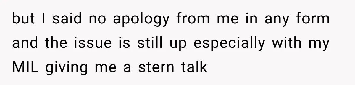 but I said no apology from me in any form and the issue is still up especially with my MIL giving me a stern talk