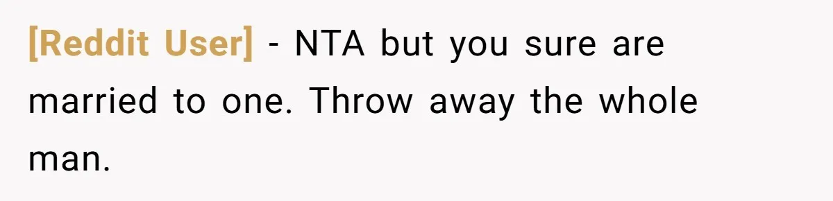 [Reddit User] − NTA but you sure are married to one. Throw away the whole man.