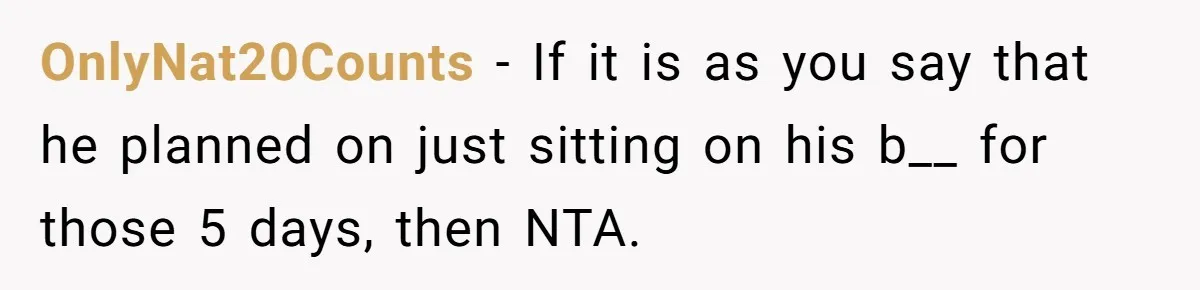 OnlyNat20Counts − If it is as you say that he planned on just sitting on his b__ for those 5 days, then NTA.