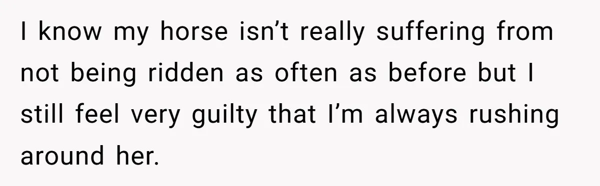 I know my horse isn’t really suffering from not being ridden as often as before but I still feel very guilty that I’m always rushing around her.