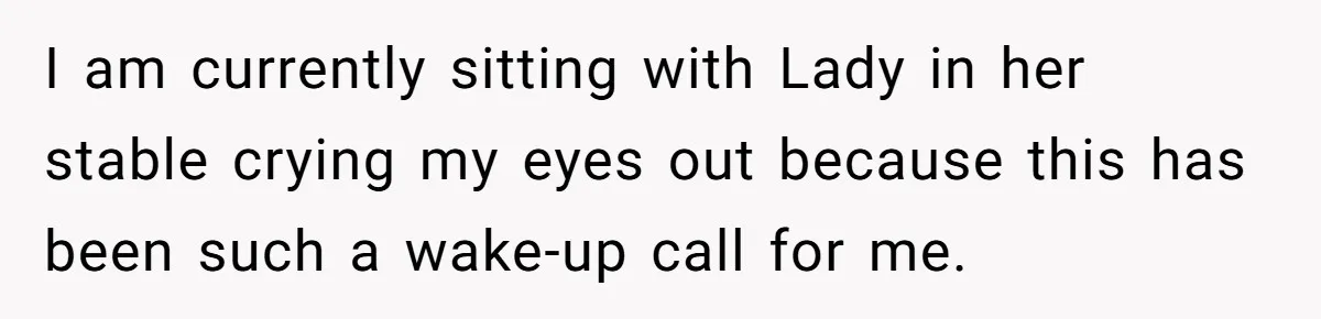 I am currently sitting with Lady in her stable crying my eyes out because this has been such a wake-up call for me.