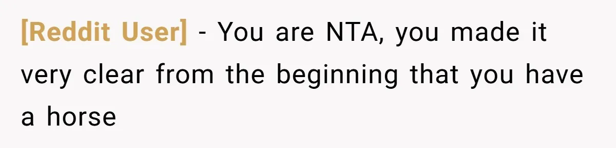 [Reddit User] − You are NTA, you made it very clear from the beginning that you have a horse