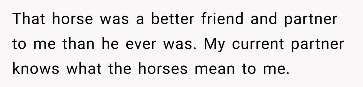 That horse was a better friend and partner to me than he ever was. My current partner knows what the horses mean to me.